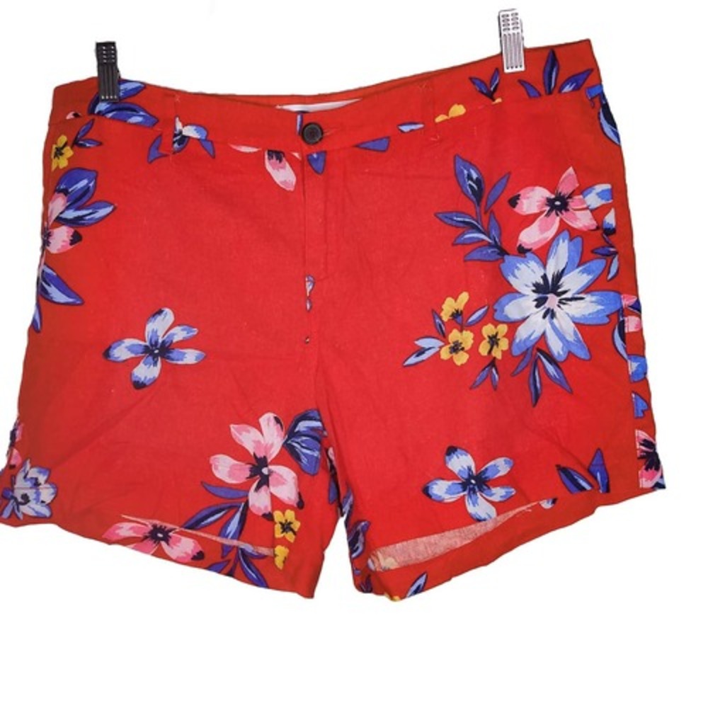 Old Navy Linen Shorts Womens‎ 14 Orange Blue Floral Print Zipper Fly Pockets